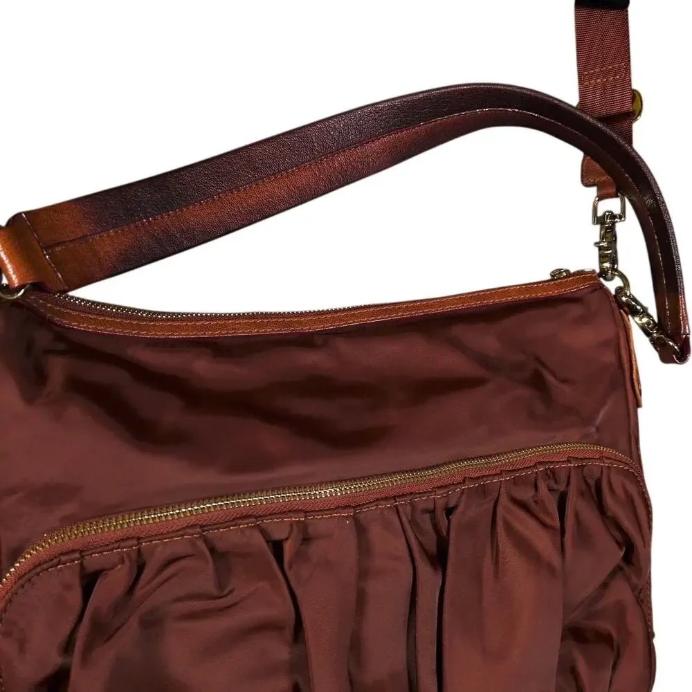 MZ Wallace Nylon Leather Messenger Shoulder Bag Satchel Burgundy with Zip Pouch